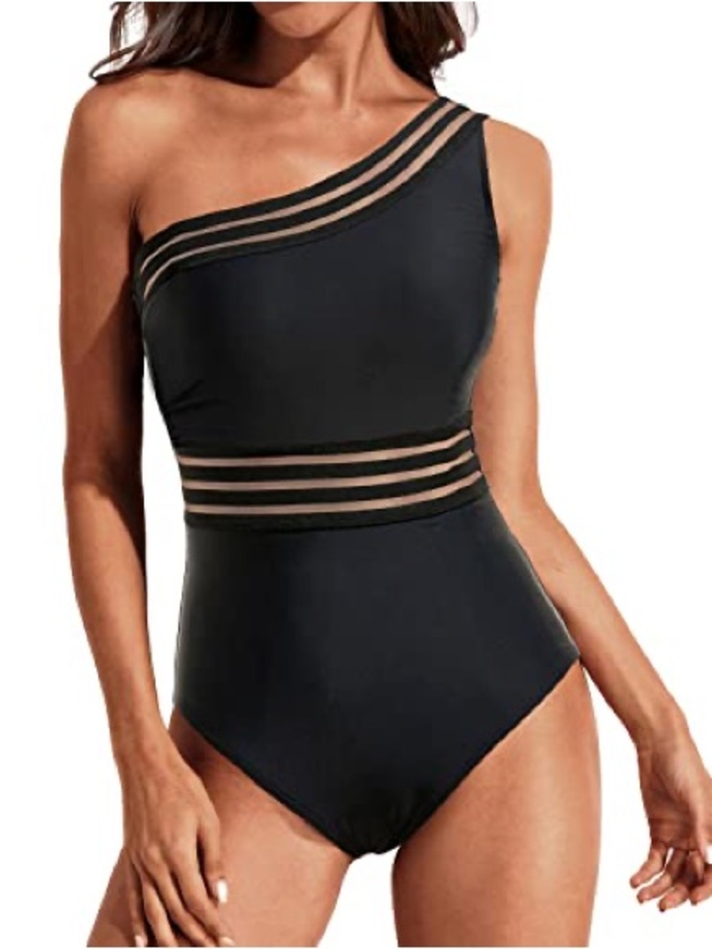 Asymmetric One-Shoulder Black Mesh-Trim One-Piece Swimsuit